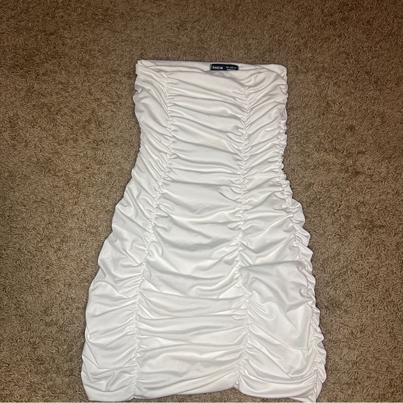 White ruched mini strapless bodycon dress - Picture 1 of 4